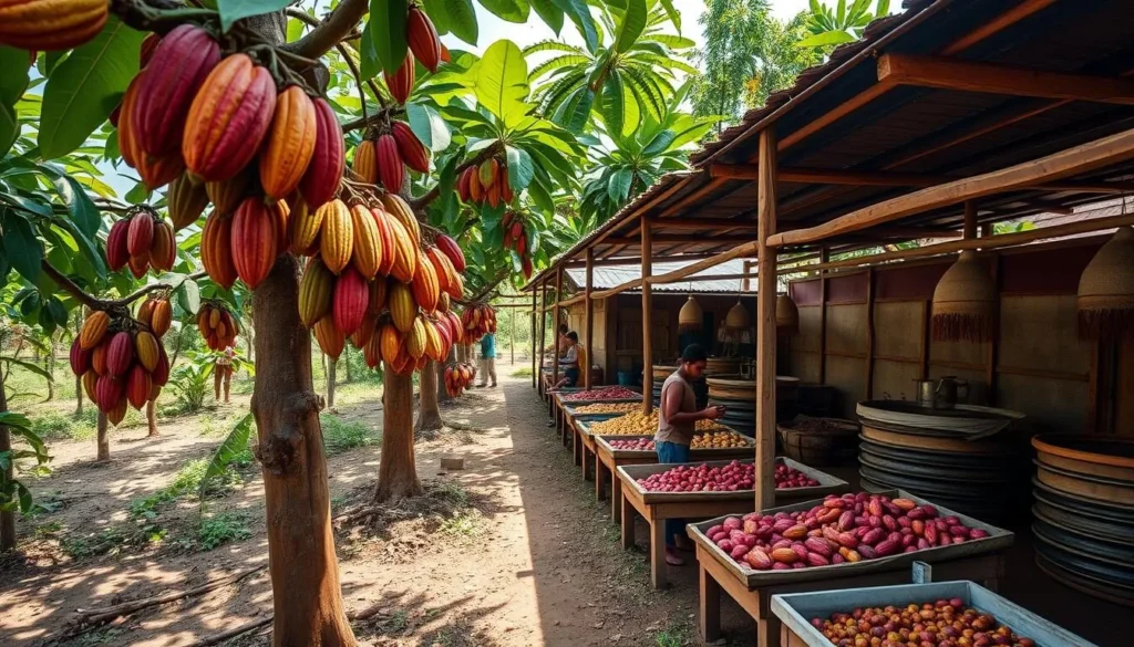 Cocoa plantation tour in Ambanja showing cocoa pods and processing facilities Cocoa plantation tour in Ambanja showing cocoa pods and processing facilities