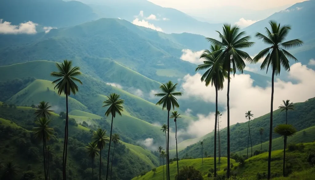 Cocora Valley landscape with tall wax palm trees rising above green hills in misty conditions