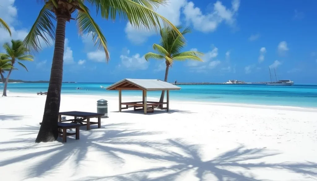 Coe Wood Beach in Bodden Town with cabanas and clear turquoise water