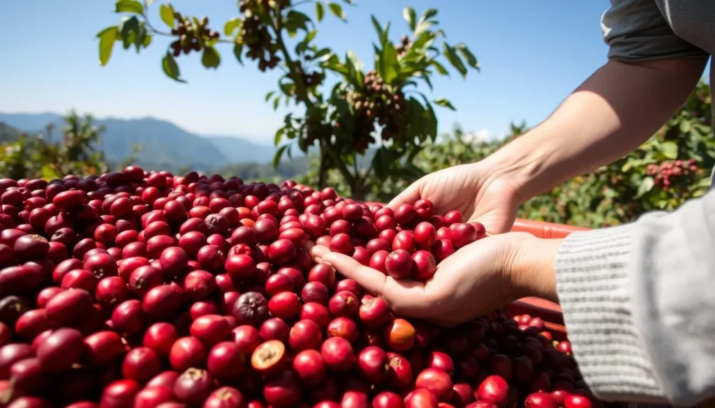 Coffee farm tour showing coffee beans being processed with mountains in the background