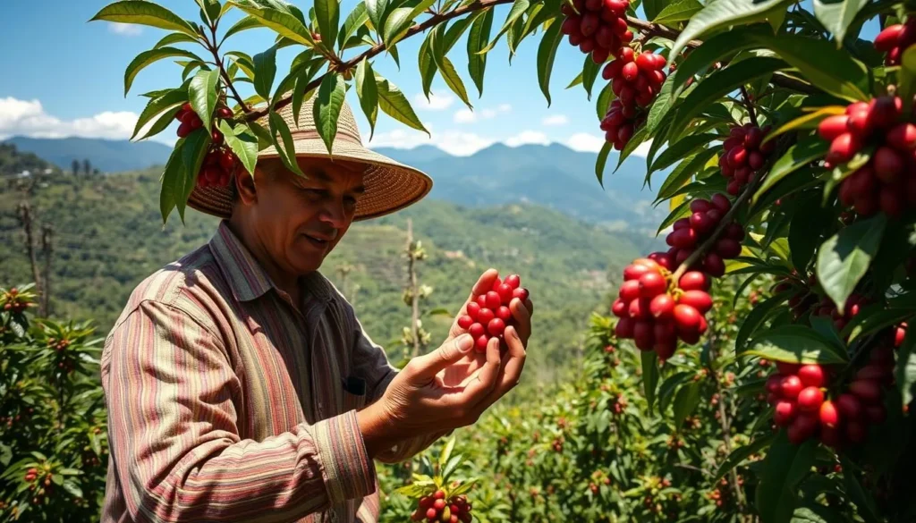 Coffee farmer demonstrating the traditional coffee harvesting process on a plantation near Manizales