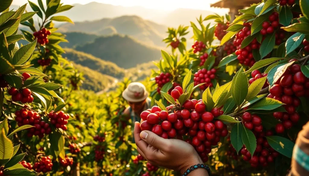 Coffee harvest season in Eje Cafetero showing farmers picking ripe red coffee cherries from plants