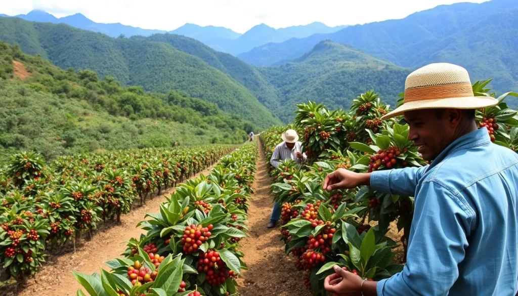 Coffee plantation in Bartolome Maso with workers harvesting coffee beans
