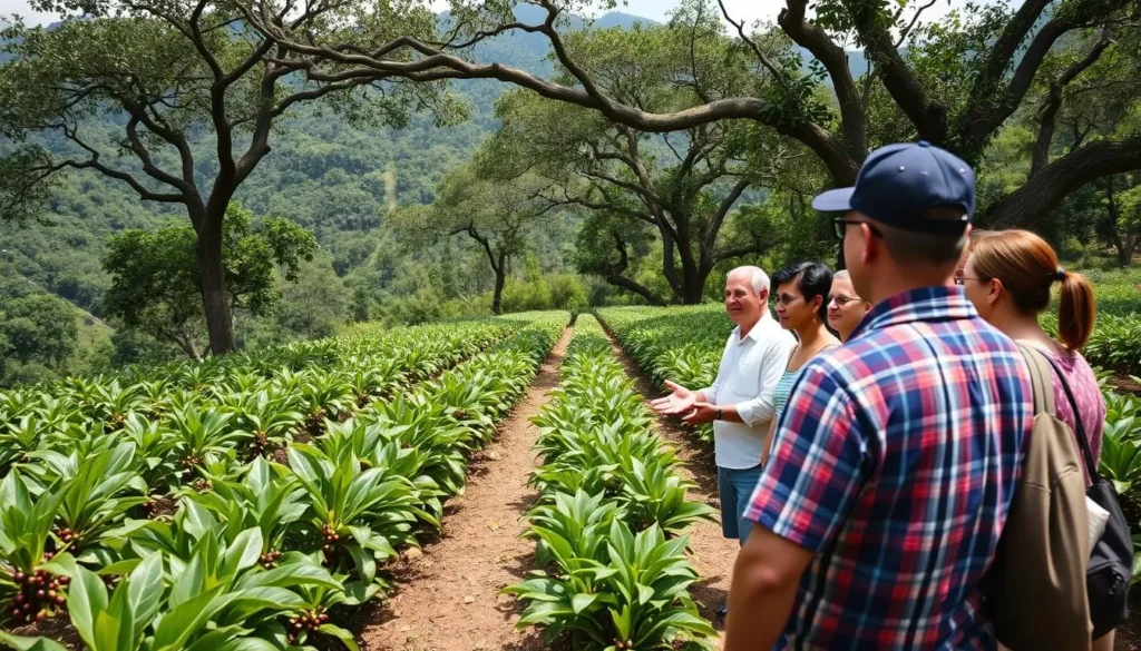 Coffee plantation tour in Manicaragua showing coffee plants growing under shade trees