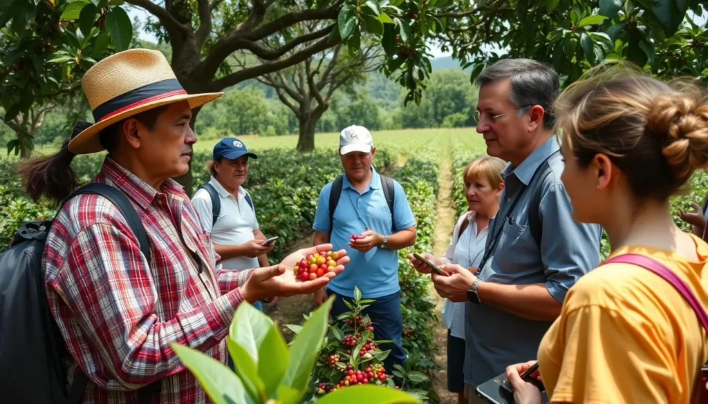 Coffee plantation tour showing guide explaining coffee production process to tourists