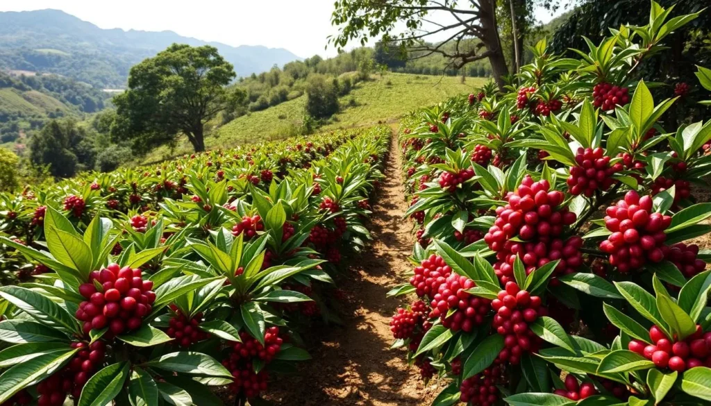 Coffee plantation with ripe coffee cherries in the Cordillera Central Mountain Range, Puerto Rico
