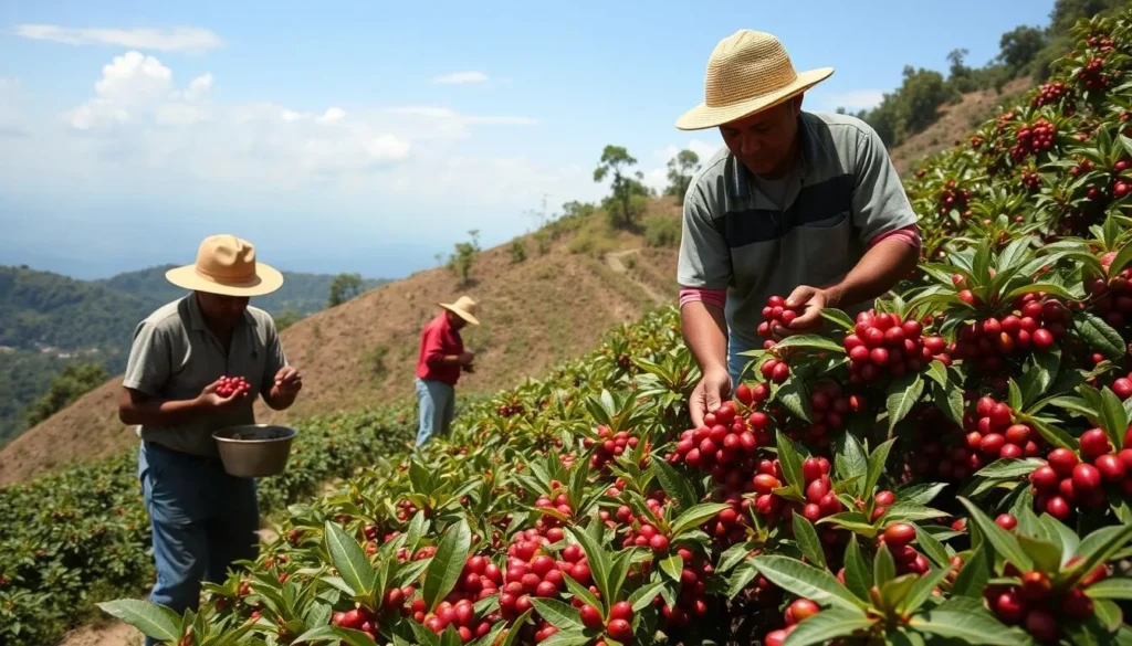 Coffee plantation workers harvesting coffee beans in mountains near Contramaestre Coffee plantation workers harvesting coffee beans in mountains near Contramaestre