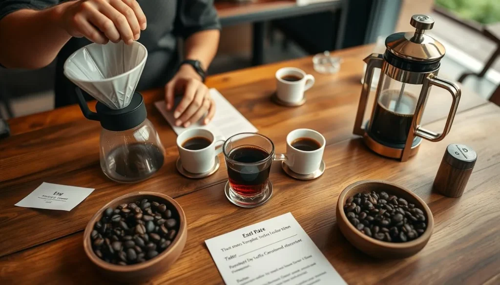 Coffee tasting experience showing various preparation methods and coffee varieties