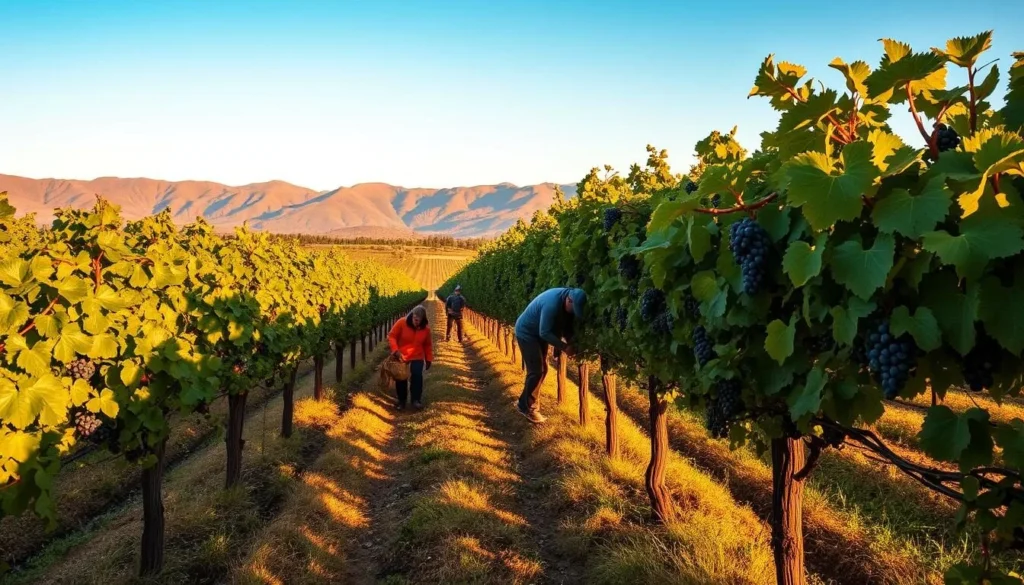 Colchagua Valley vineyards during harvest season with workers picking grapes Colchagua Valley vineyards during harvest season with workers picking grapes