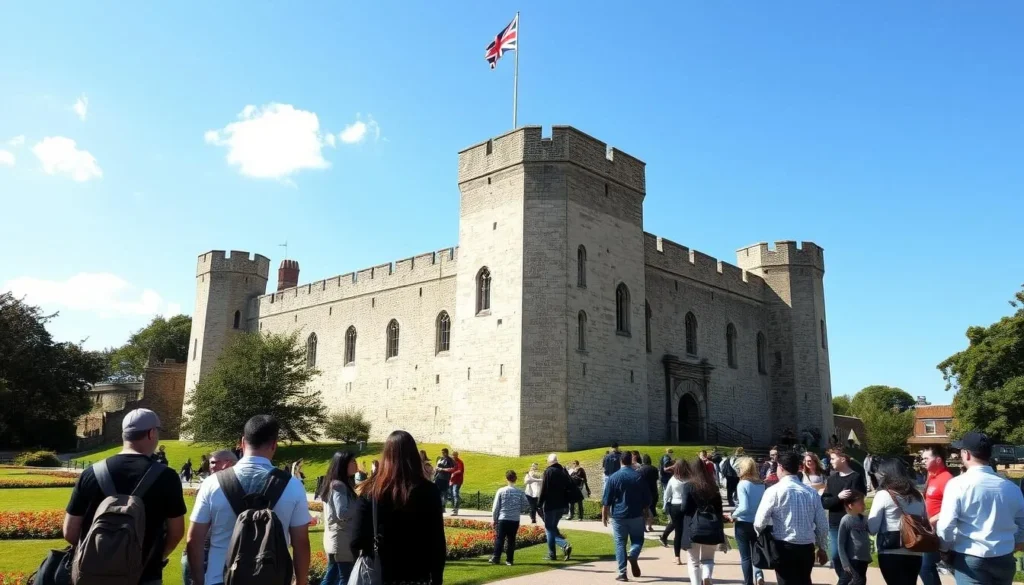 Colchester Castle, one of the top things to do in Colchester England, with visitors exploring the historic Norman keep