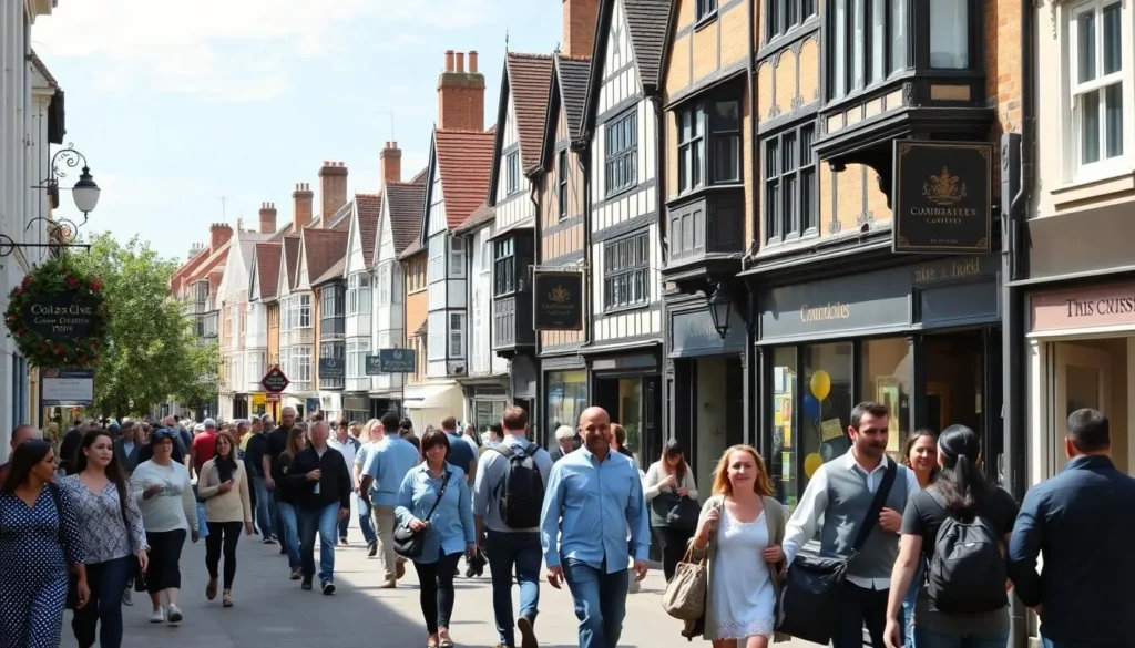 Colchester High Street with pedestrians exploring the town center, a must-see when looking for things to do in Colchester England