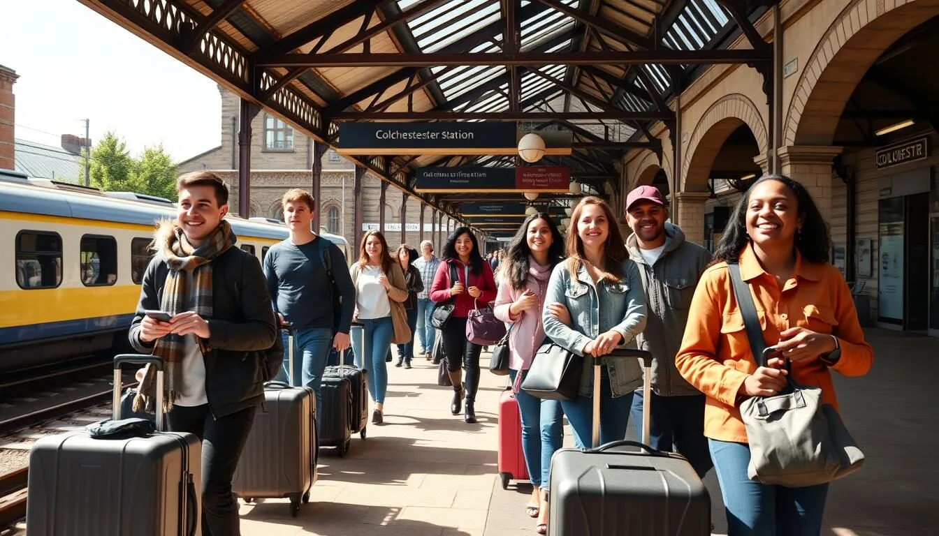 Colchester train station with people arriving for their visit to explore the best things to do in Colchester