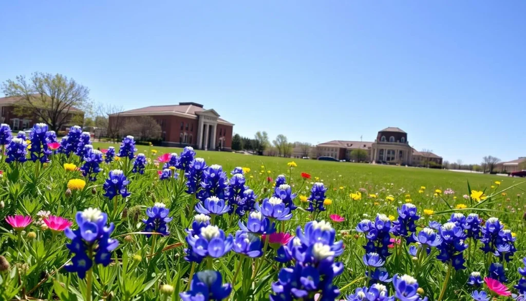 College Station Texas in spring with bluebonnets blooming near campus landmarks