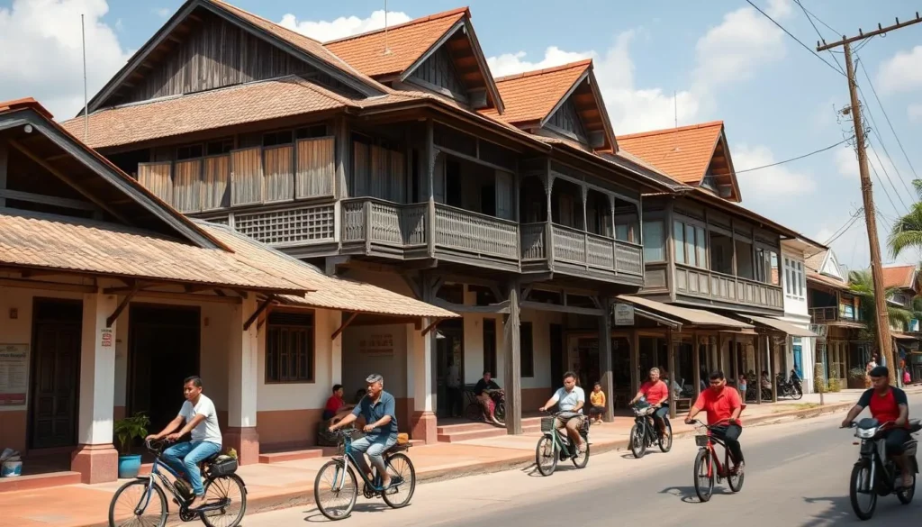 Colonial architecture in Champasak town with traditional Lao buildings and French influences