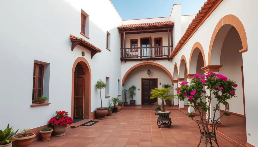 Colonial-style hotel courtyard in Sucre with traditional architecture and flowering plants