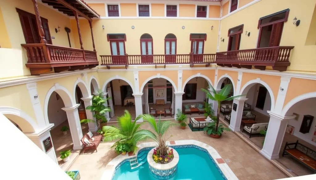 Colonial-style hotel in Guantanamo with traditional architecture and swimming pool