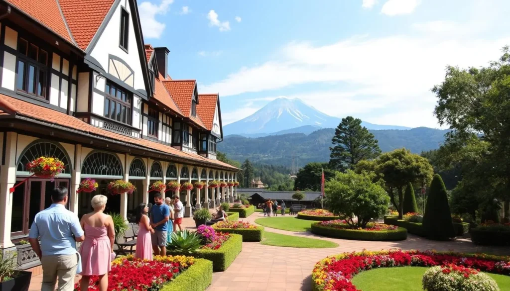 Colonial-style hotel in Nuwara Eliya with Pidurutalagala mountain visible in the background