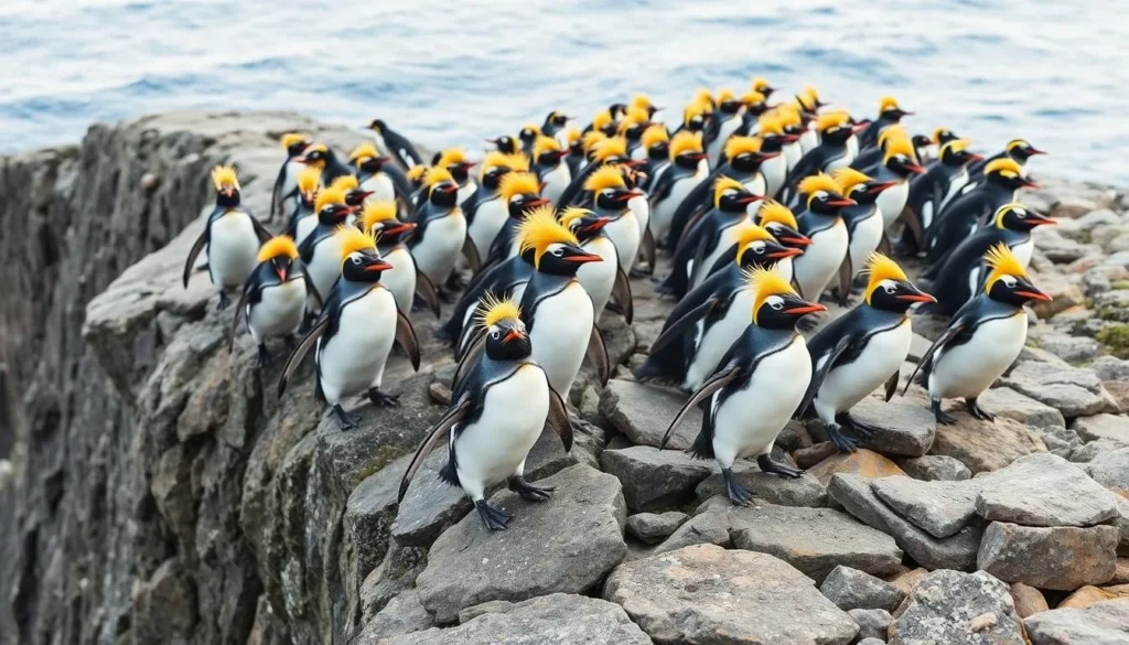 Colony of rockhopper penguins on the cliffs of West Falkland Island
