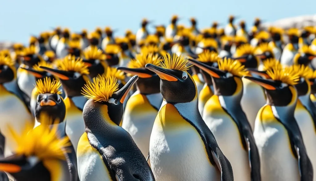 Colony of rockhopper penguins on the rocky cliffs of Pebble Island, Falkland Islands