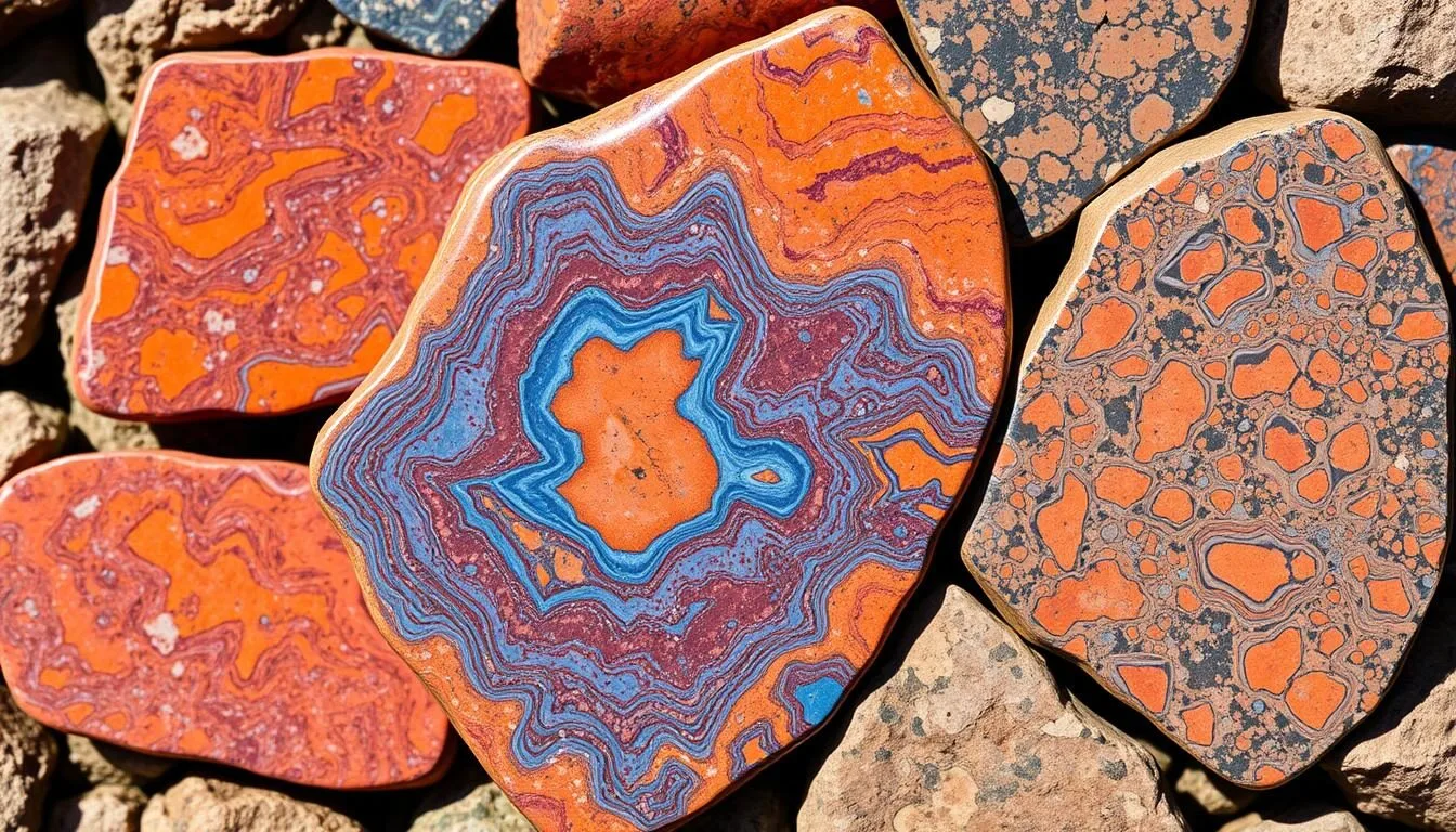 Colorful Alibates flint samples showing vibrant red, orange, and blue patterns at Alibates Flint Quarries National Monument, Texas