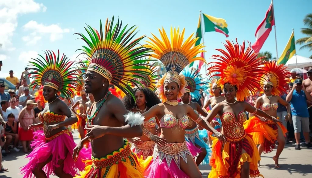 Colorful Antigua Carnival celebration with dancers in traditional costumes