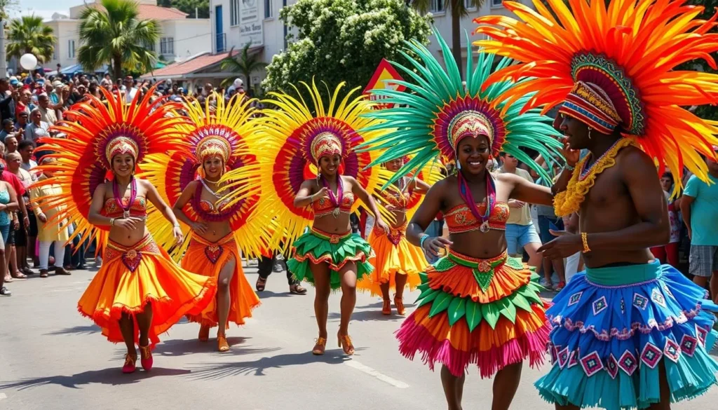 Colorful Antigua Carnival parade with dancers in elaborate costumes