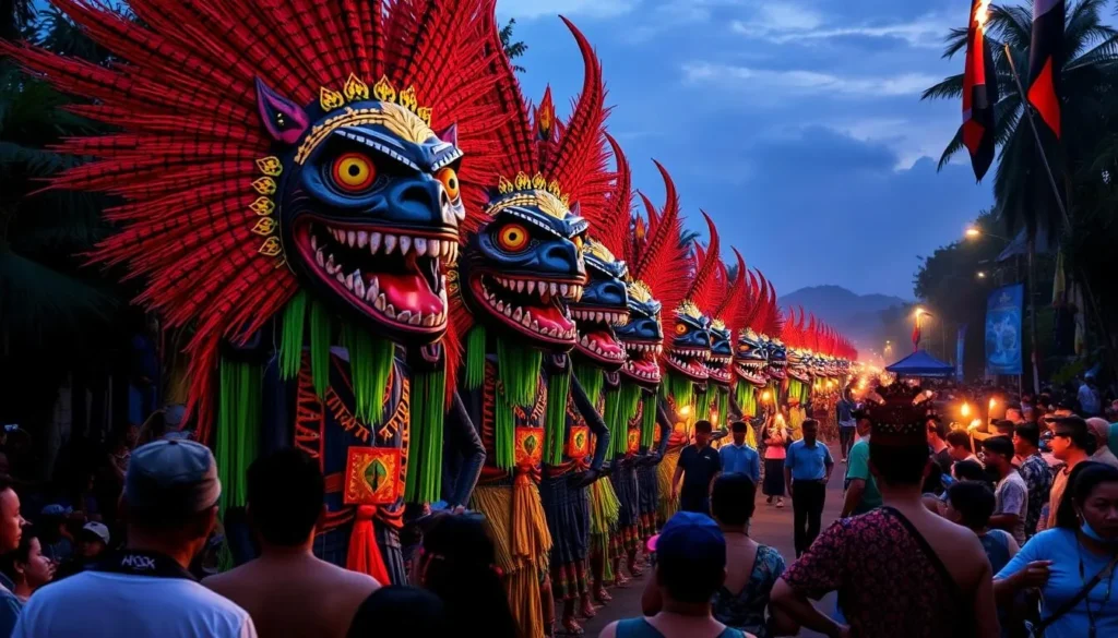 Colorful Balinese Nyepi Day of Silence parade with ogoh-ogoh monsters and traditional performers