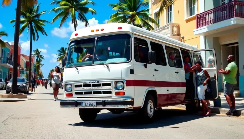 Colorful Barbados ZR van with passengers along Speightstown's main road