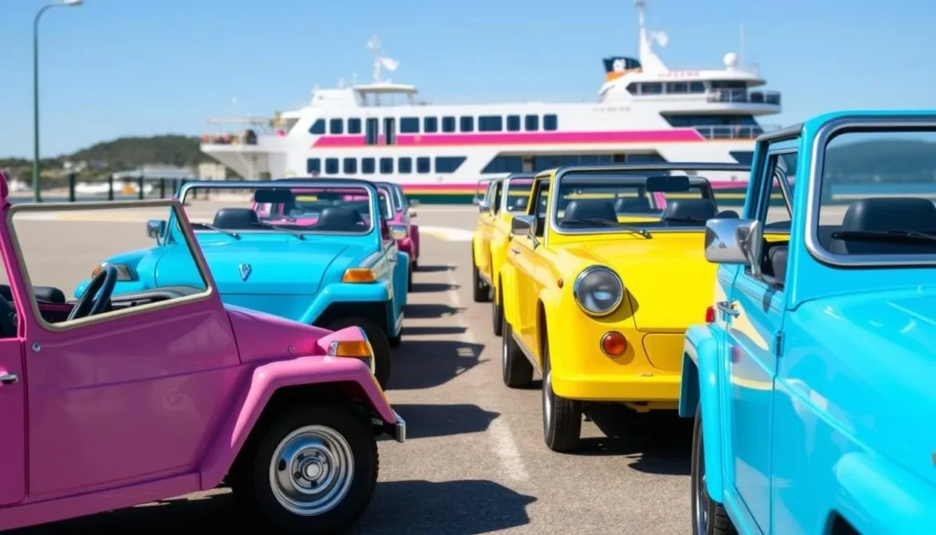 Colorful 'Barbie cars' rental vehicles parked at Nelly Bay on Magnetic Island