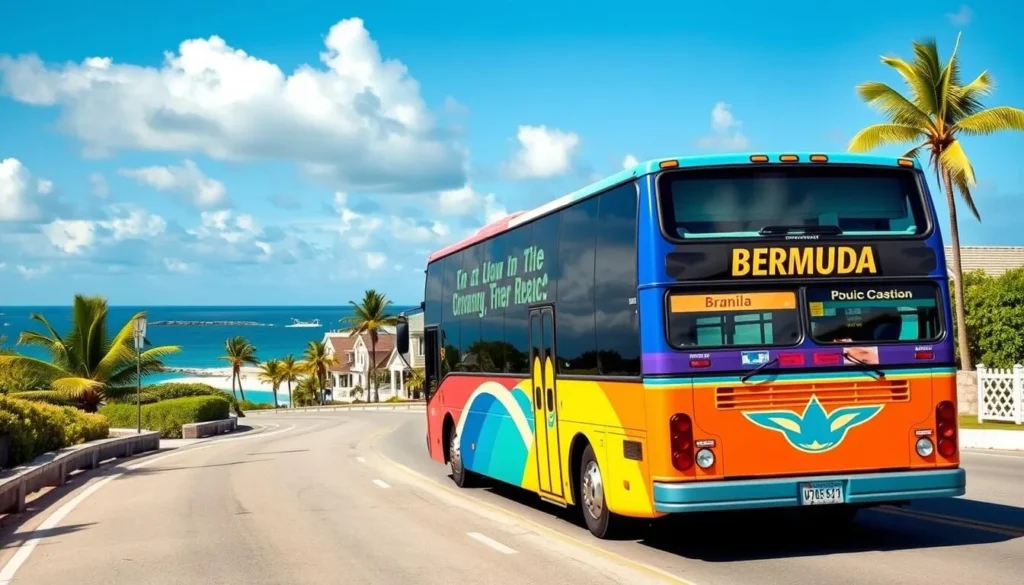 Colorful Bermuda bus driving along coastal road with ocean views