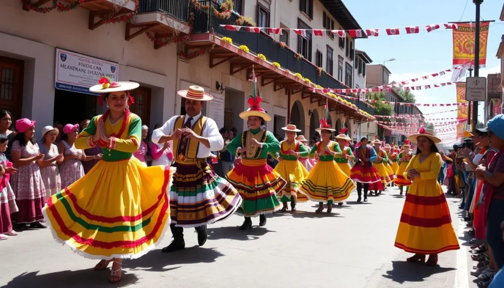 Colorful Bolivian festival celebration in Cochabamba with traditional dancers