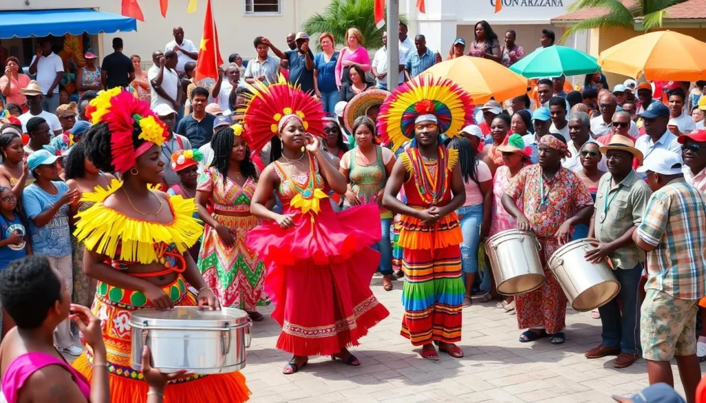 Colorful Bon Bini Festival performers in traditional Aruban costumes