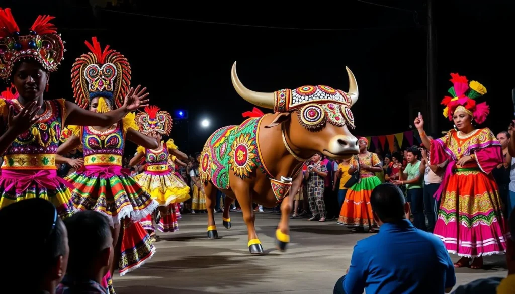Colorful Bumba Meu Boi festival performance in Sao Luis Brazil with dancers in elaborate costumes