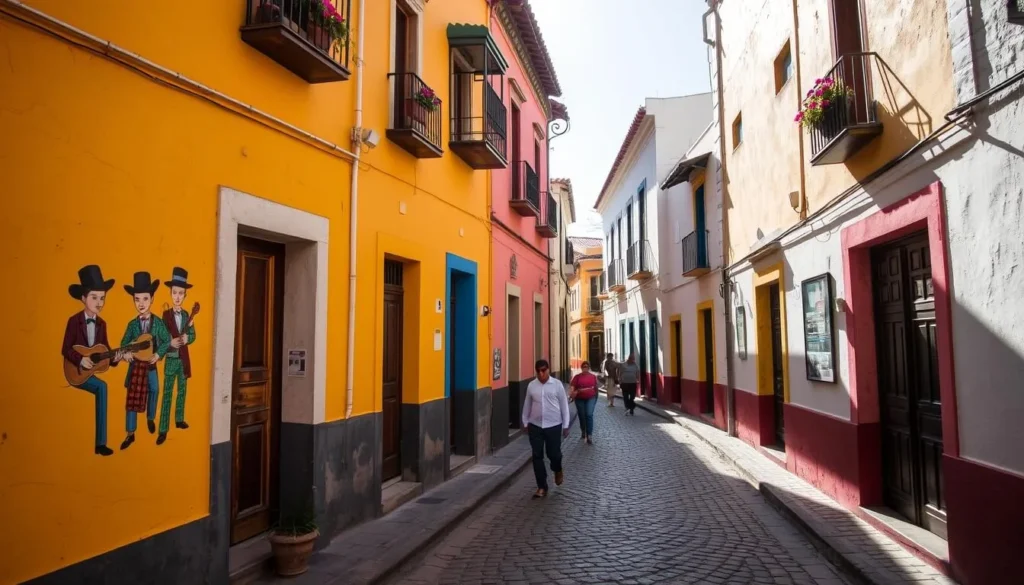 Colorful Callejón de la Purrututú alley in Valledupar with traditional architecture and street art