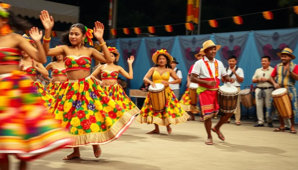 Colorful Carimbó dancers performing during the Sairé Festival in Alter do Chao Colorful Carimbó dancers performing during the Sairé Festival in Alter do Chao