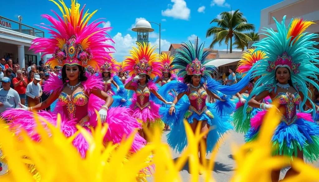 Colorful Carnival celebration in San Nicolas Aruba with costumed performers