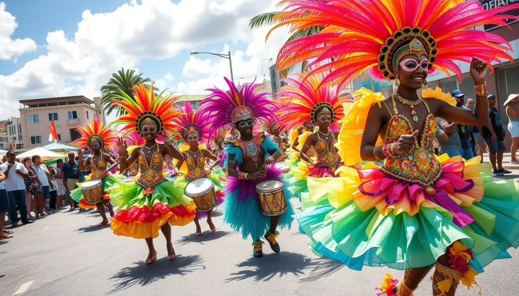 Colorful Carnival parade in Guadeloupe with dancers in traditional costumes