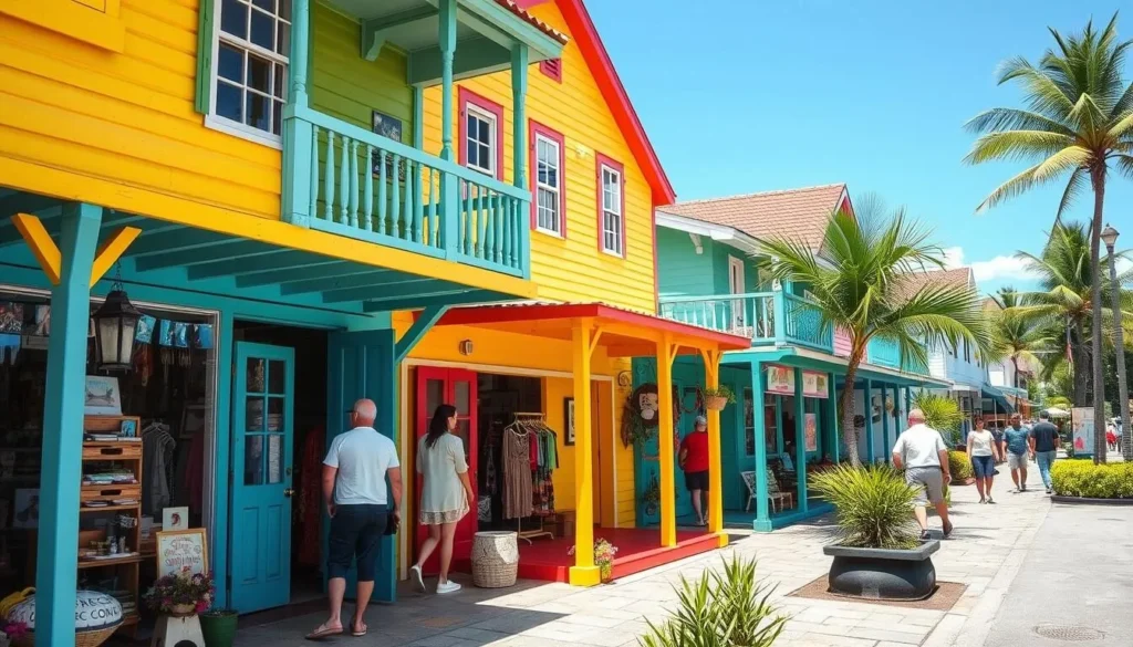 Colorful Chattel Village shops in Holetown featuring local crafts and souvenirs