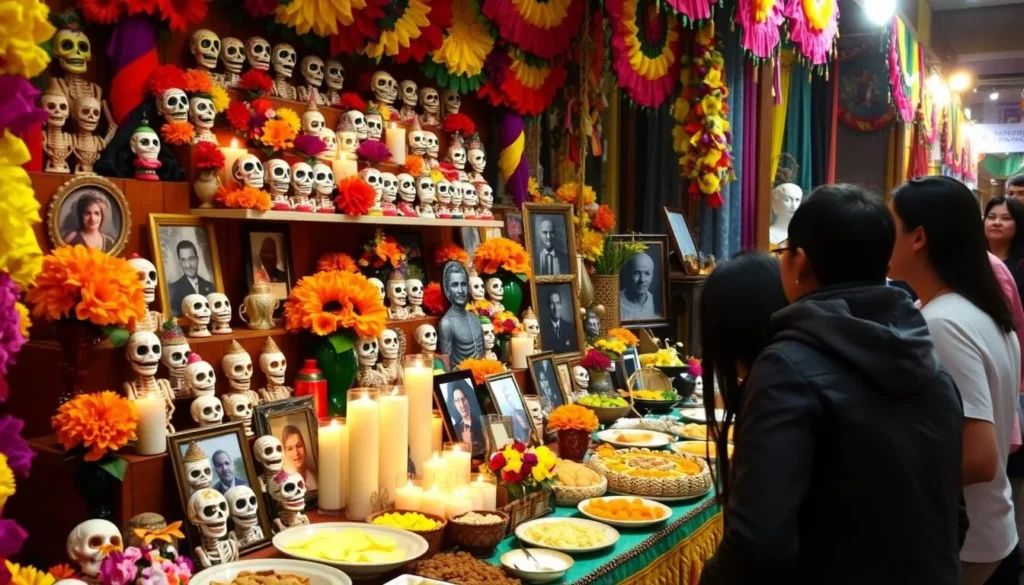 Colorful Day of the Dead altar with sugar skulls during Festival Cultural del Alfeñique in Toluca, Mexico State Colorful Day of the Dead altar with sugar skulls during Festival Cultural del Alfeñique in Toluca, Mexico State