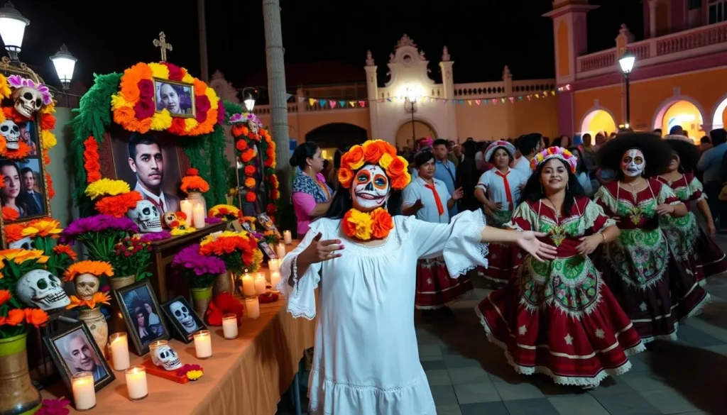 Colorful Day of the Dead celebration with traditional altars and dancers in Quintana Roo, Mexico