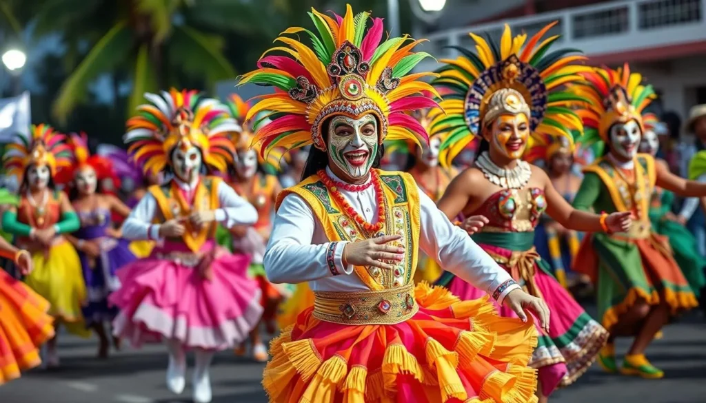 Colorful Dominican Carnival celebration with dancers in traditional costumes