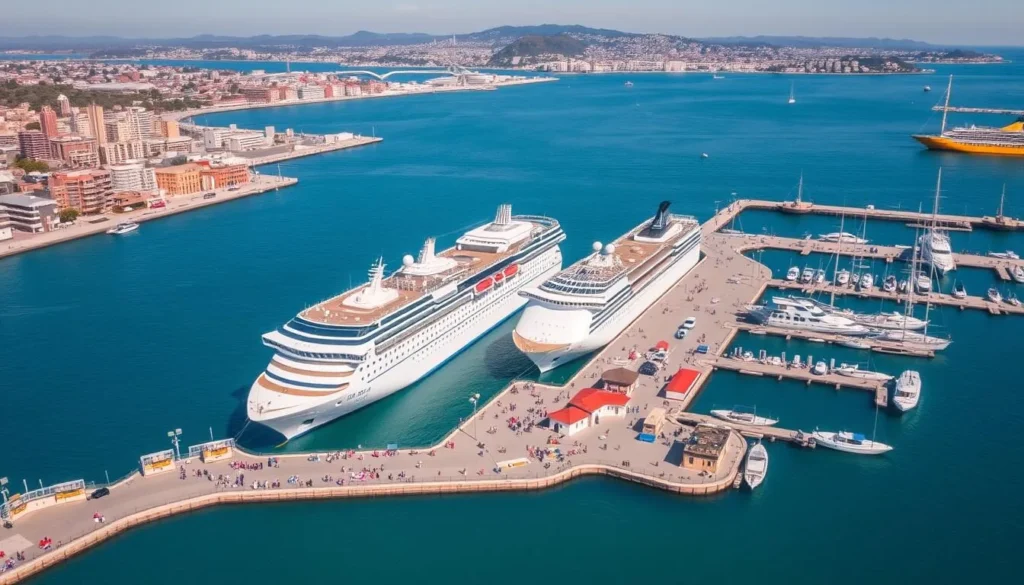 Colorful Ensenada cruise port with ships docked and the city backdrop, gateway to Isla Todos Santos