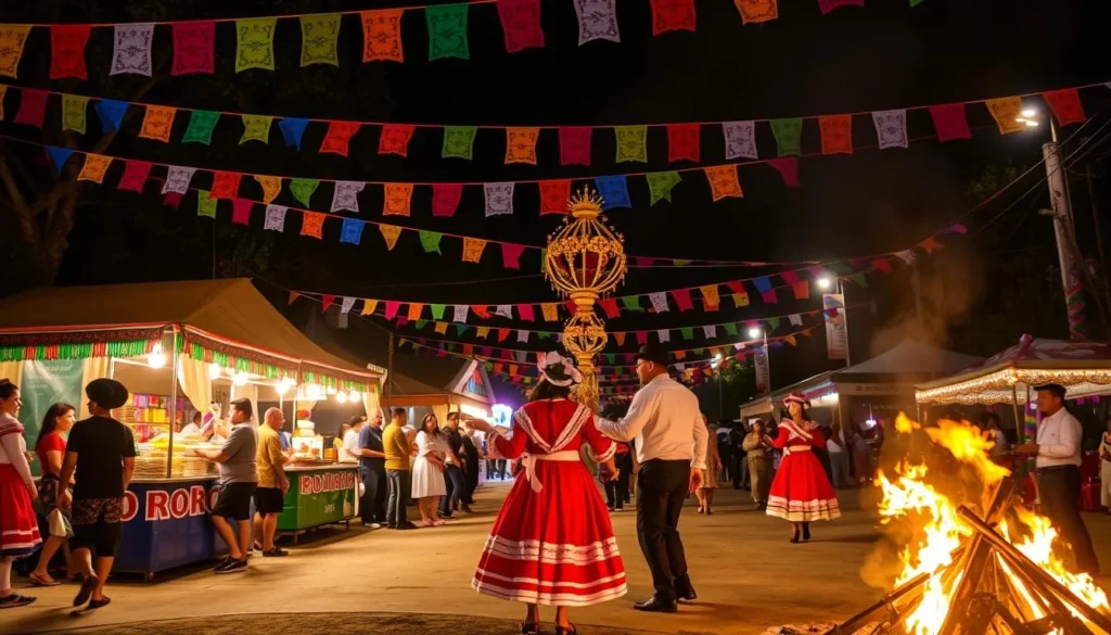 Colorful Festa Junina celebration in Bonito with traditional decorations, food stalls and dancers