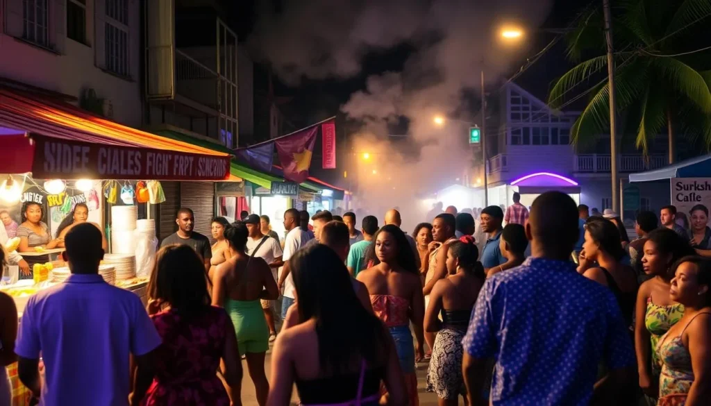 Colorful Friday Night Street Party in Gros Islet, St. Lucia with locals and tourists dancing