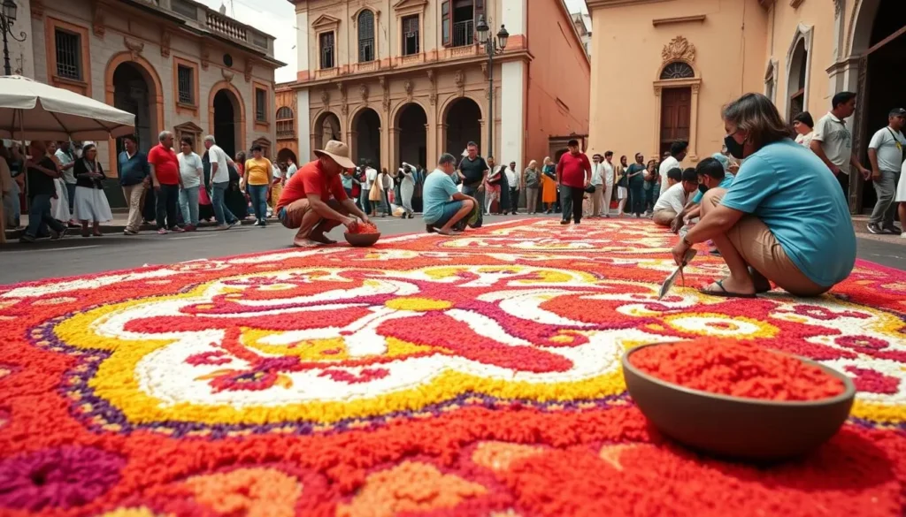 Colorful Holy Week sawdust carpet (alfombra) being created by locals in Comayagua streets Colorful Holy Week sawdust carpet (alfombra) being created by locals in Comayagua streets