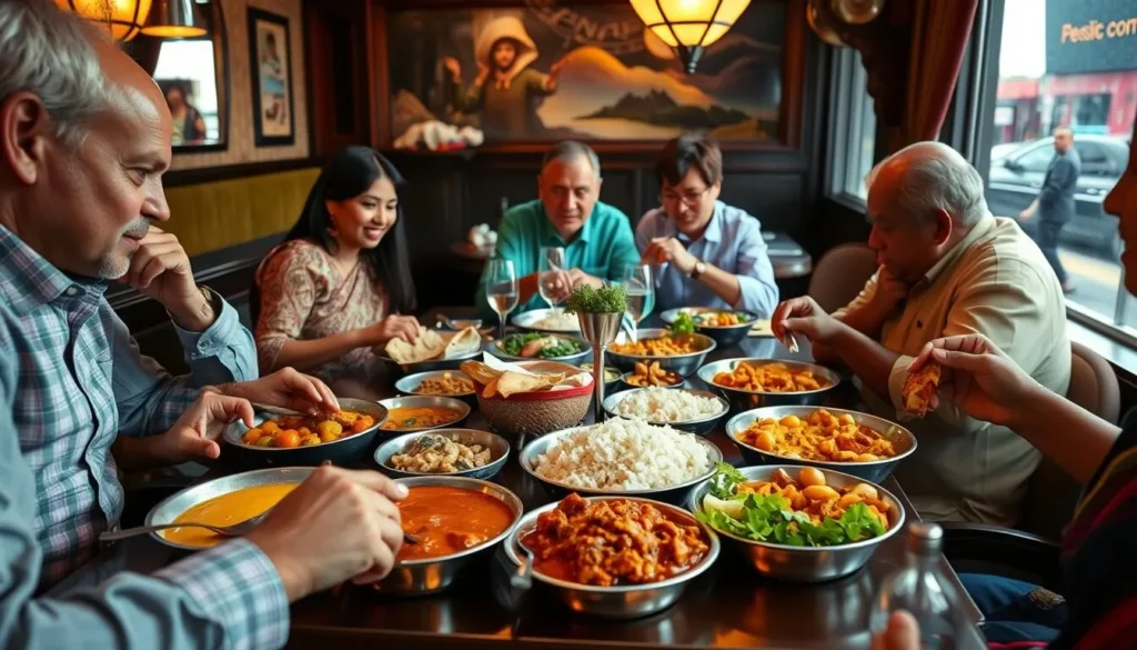 Colorful Indian cuisine being served at a restaurant on Leicester's Golden Mile