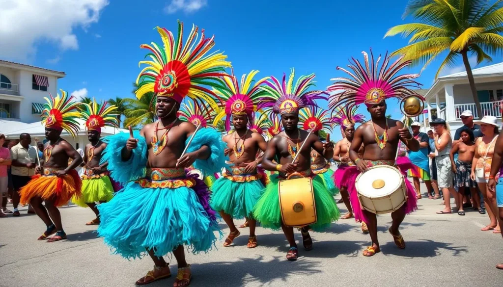 Colorful Junkanoo celebration with dancers in traditional costumes on Elbow Cay