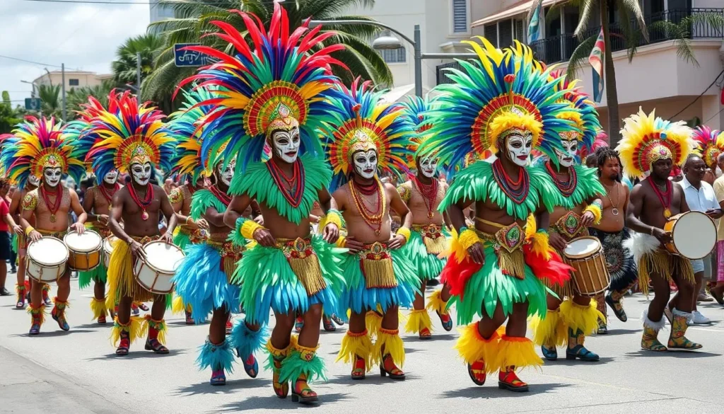 Colorful Junkanoo festival parade in Nassau with elaborate costumes and performers
