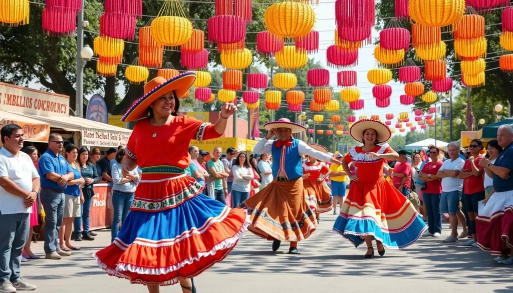 Colorful McAllen Texas festival with traditional dancers and decorations