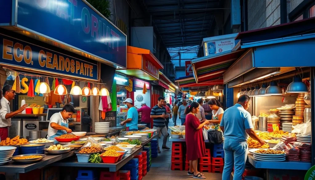Colorful Mexican street food stalls in Ciudad Nezahualcoyotl with various traditional dishes